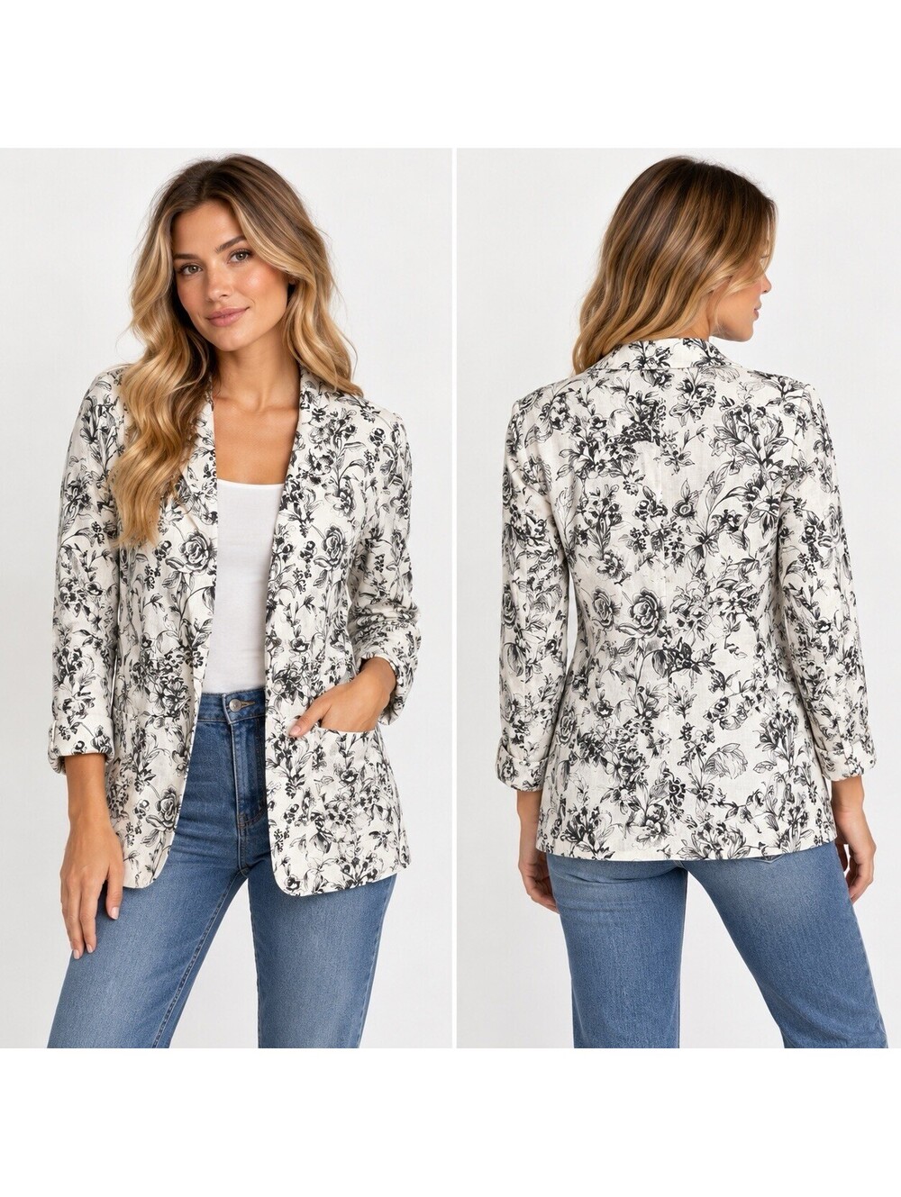 Joie Blazer Jacket Women Size M 100% Linen White Black Floral Feminine Workwear